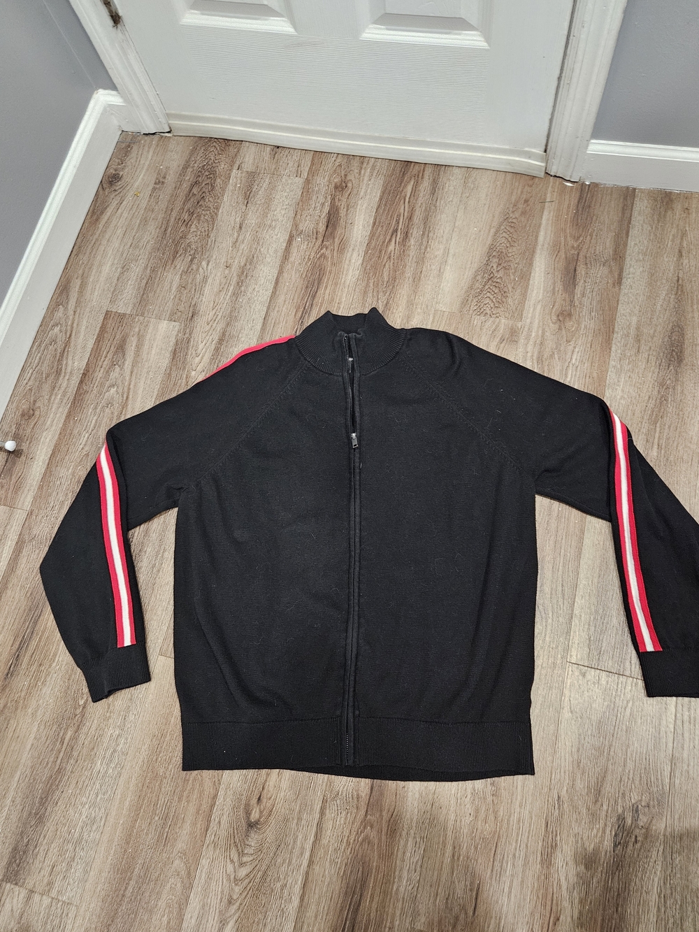 Banana Republic Black Zip-Up Sweater with Red and White Sleeve Stripes
